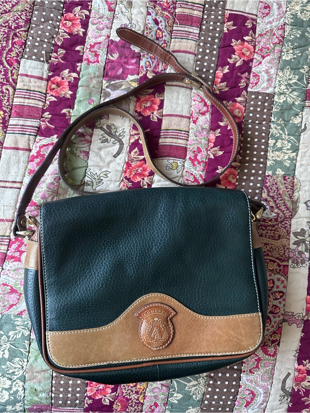 Vintage Courser Dark Green and Tan Leather Trim Crossbody Bag